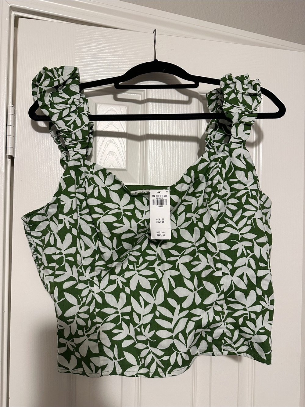 Abercrombie & Fitch Green and White Leaf-Print Ruffle Strap Crop Top